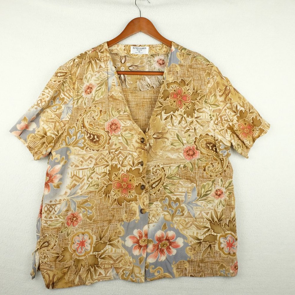 Alfred Dunner Womens Shirt Top 16 Petite Brown Floral Paisley Short Sleeve Retro